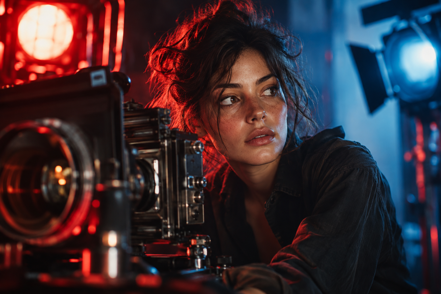 Lente de cinema em luz azul e vermelha