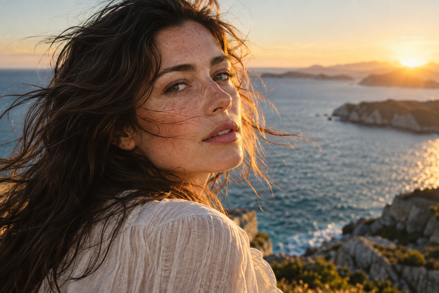 Retrato cinematográfico com luz natural à beira-mar